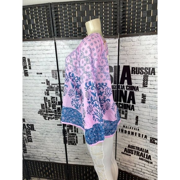 Cynthia Rowley M Pink Woven Floral Print Cotton Tie Tassel Neck Long Sleeve Top - Picture 4 of 5